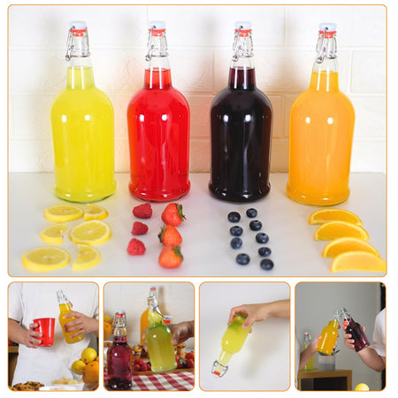 Six 1000ml Amber Swing Top Bottles by FastRack arranged in a case, showcasing durable glass bottles with metal swing caps.