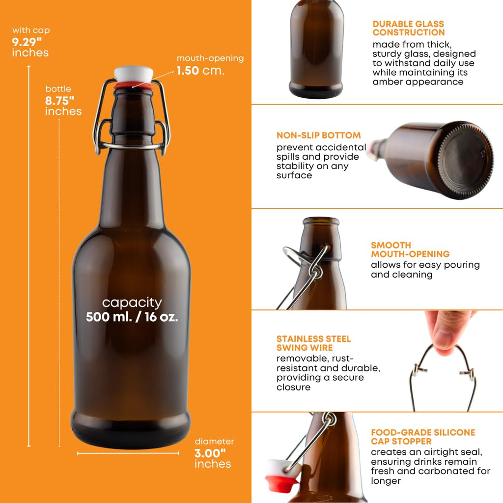 Six 500ml amber swing top bottles from FastRack arranged in a case, showing their secure metal caps and durable glass design.