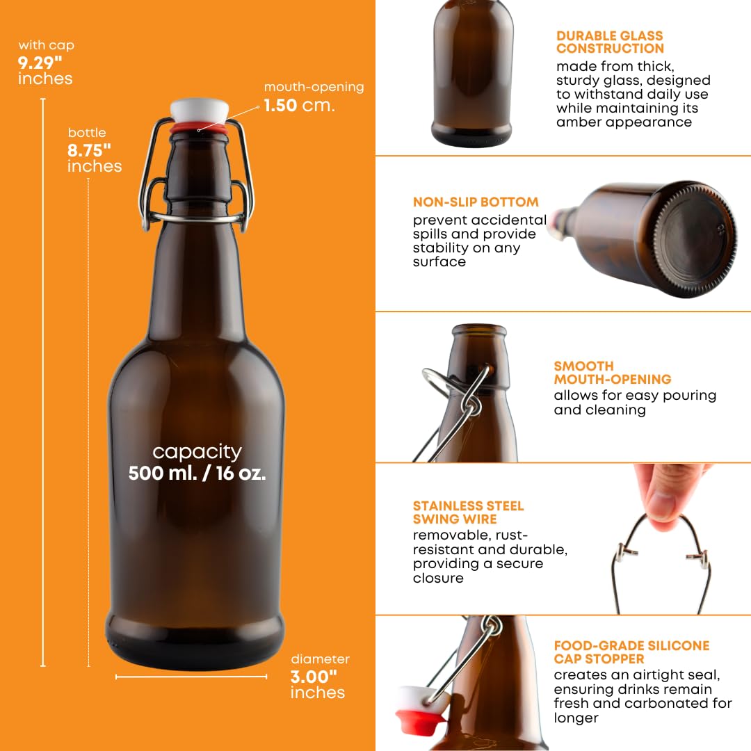 Six 500ml amber swing top bottles from FastRack arranged in a case, showing their secure metal caps and durable glass design.