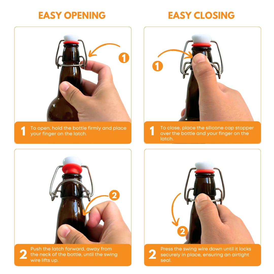 Six 500ml Amber Swing Top Bottles by FastRack arranged in a case, featuring secure swing tops and durable glass construction.