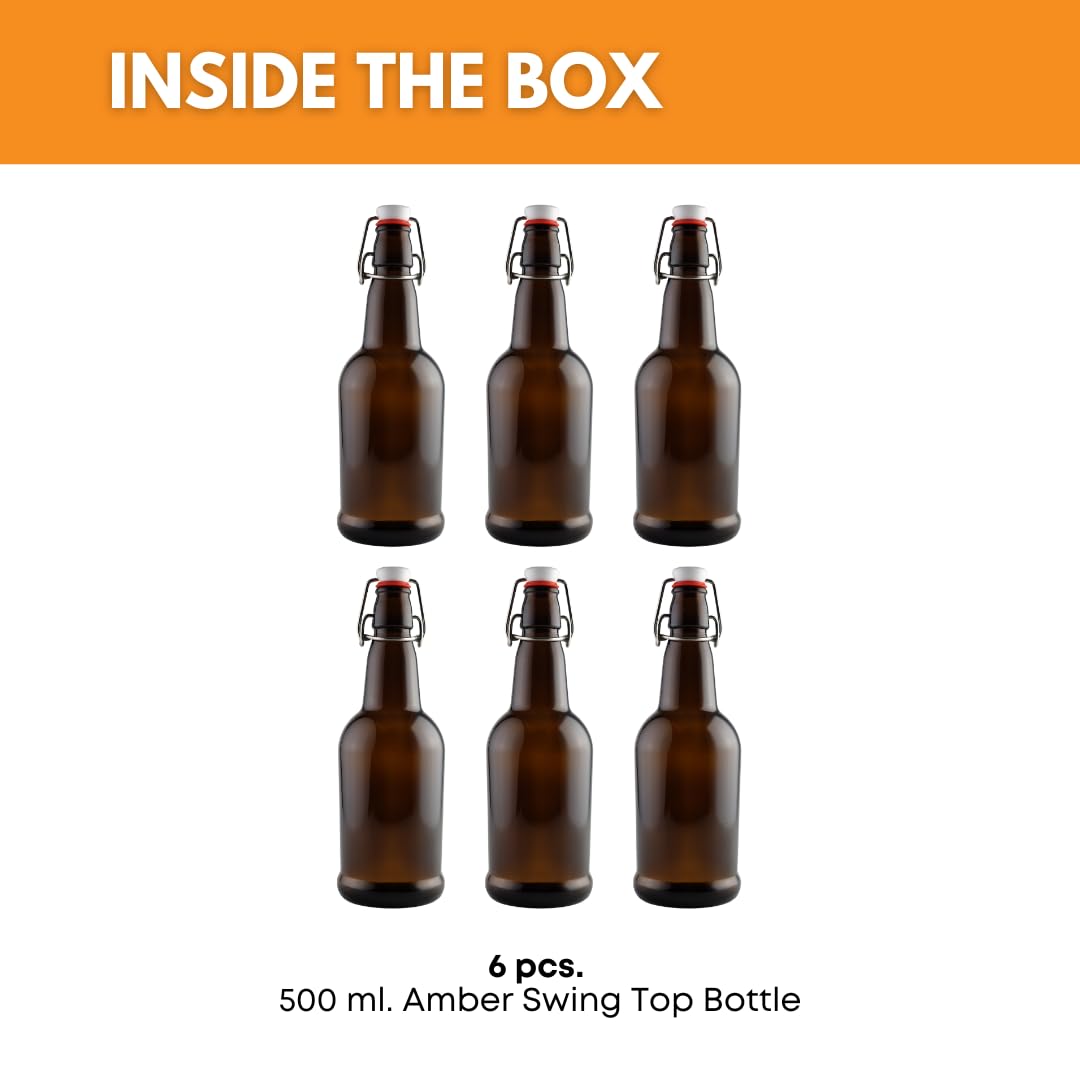 Six 500ml amber swing top bottles by FastRack lined up, showcasing their glass construction and metal swing caps.
