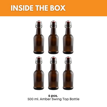 Six 500ml amber swing top bottles by FastRack lined up, showcasing their glass construction and metal swing caps.