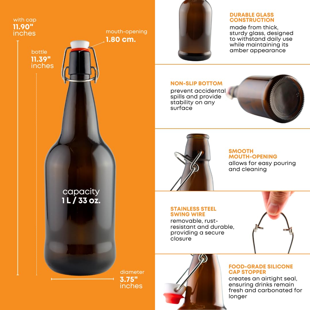 Set of 12 FastRack Amber Swing Top Bottles, 1000ml capacity, with secure flip-top lids for beverages or storage.