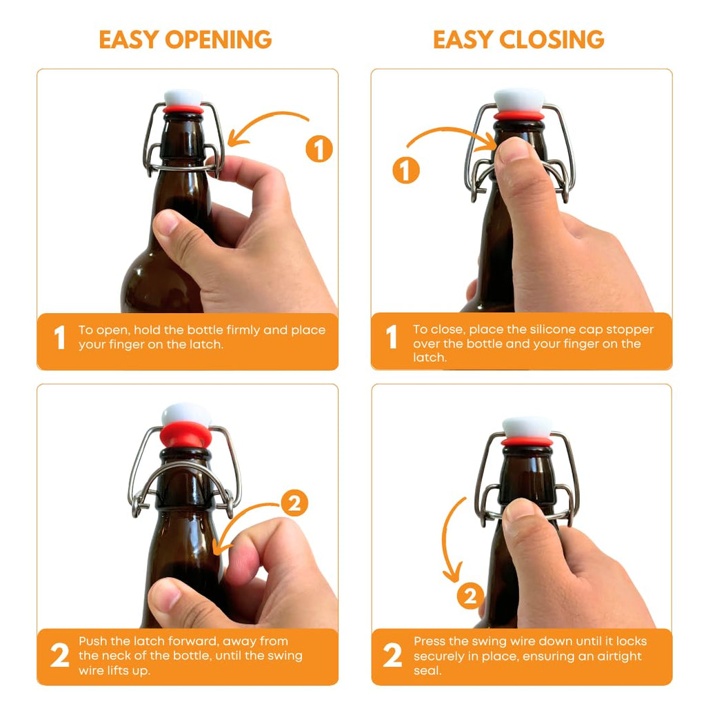 Set of 12 amber swing top bottles by FastRack, 1000ml capacity, with secure metal caps and durable glass construction.