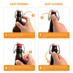 Set of 12 amber swing top bottles by FastRack, 1000ml capacity, with secure metal caps and durable glass construction.