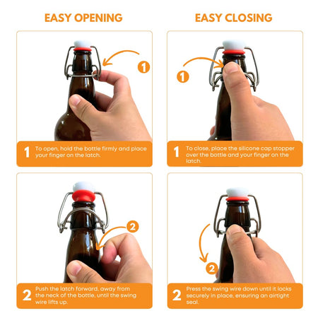 Set of 12 amber swing top bottles by FastRack, 1000ml capacity, with secure metal caps and durable glass construction.