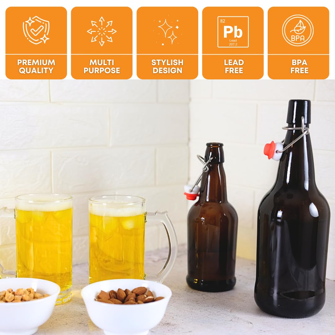 Set of 12 FastRack Amber Swing Top Bottles, 1000ml capacity, with secure flip-top closures for storing liquids.