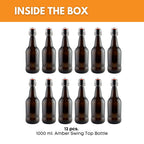 Set of 12 FastRack amber swing top bottles, 1000ml capacity, featuring secure metal caps and durable glass construction.