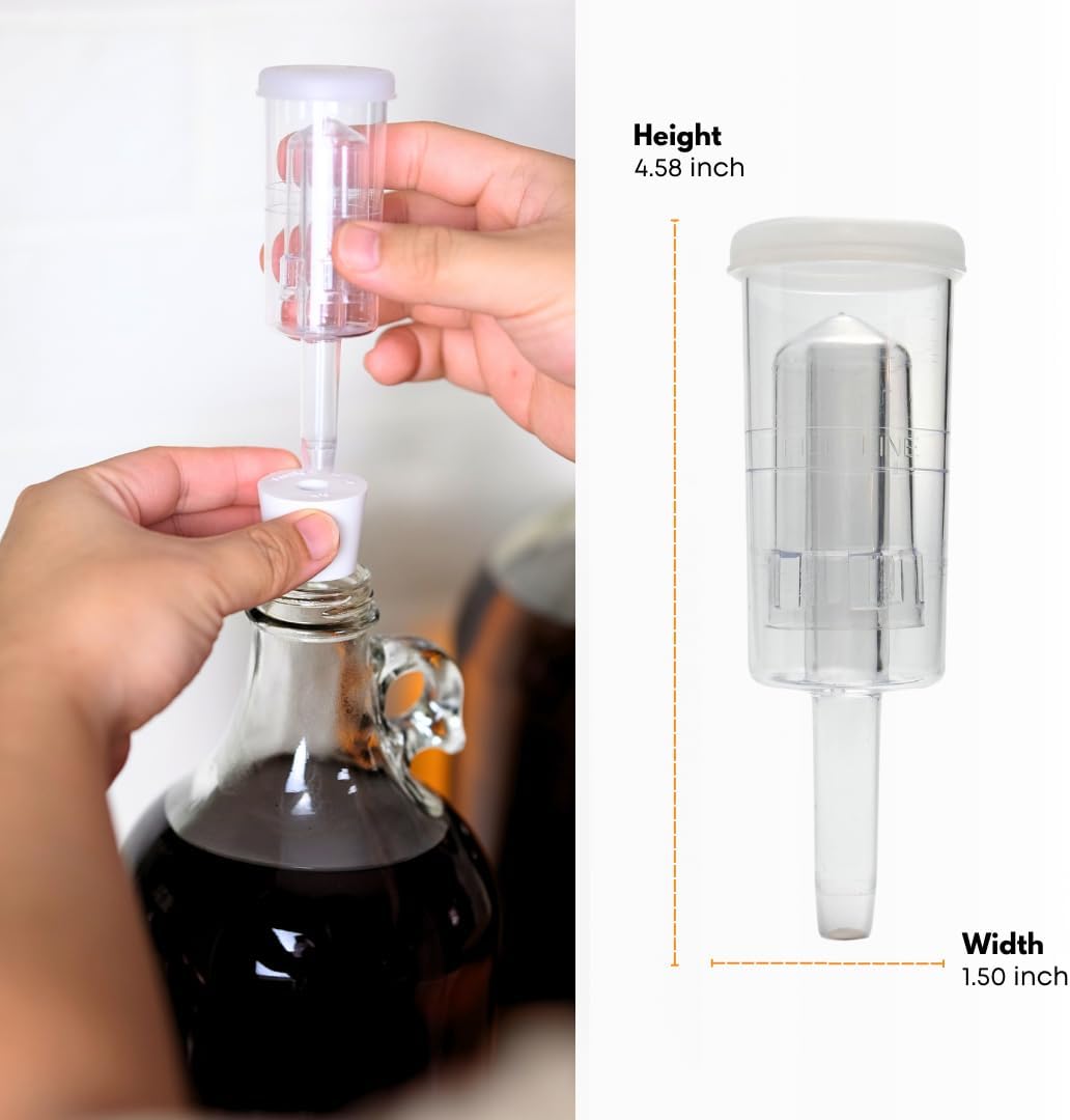 Three FastRack fermentation airlocks for home brewing, shown in clear plastic with rubber seals and metal fittings.
