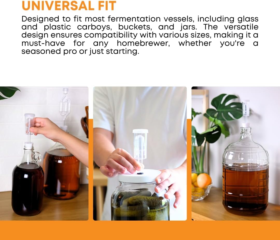 FastRack 3-piece fermentation airlock set with clear plastic airlocks for home brewing fermentation process.