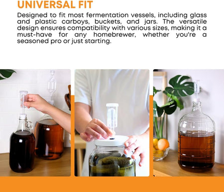 FastRack 3-piece fermentation airlock set with clear plastic airlocks for home brewing fermentation process.