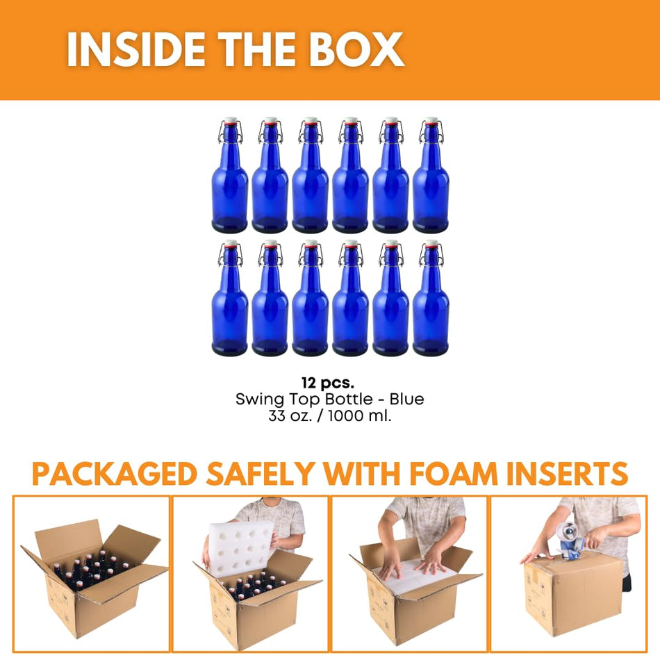 Set of 12 blue 1000ml Swing Top Bottles from FastRack, featuring durable glass and secure metal swing caps for beverage storage.