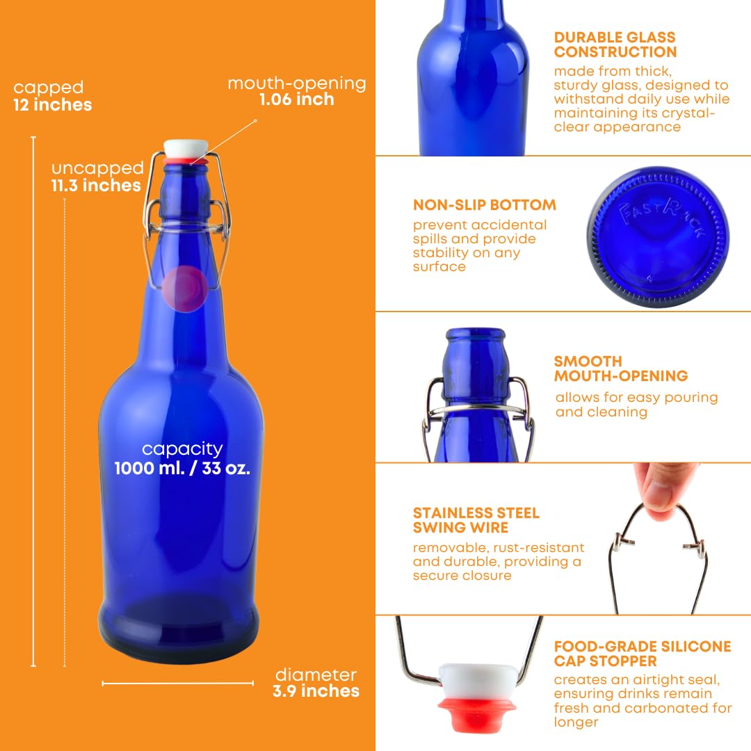 Set of 12 blue swing top bottles by FastRack, 1000ml capacity, durable glass bottles with secure flip-top closures.