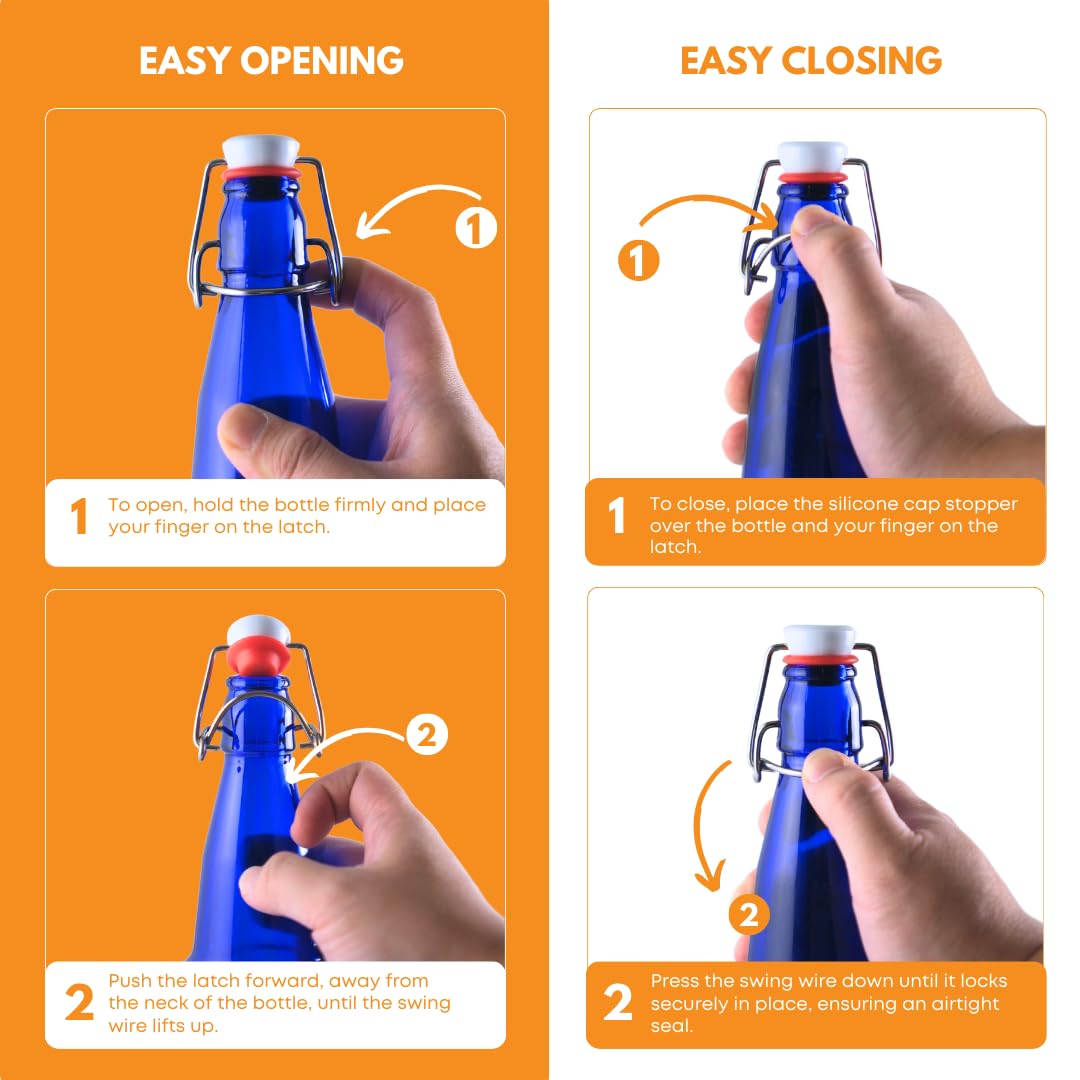Set of 12 blue 1000ml Swing Top Bottles by FastRack, featuring secure metal closures for beverages or liquids.