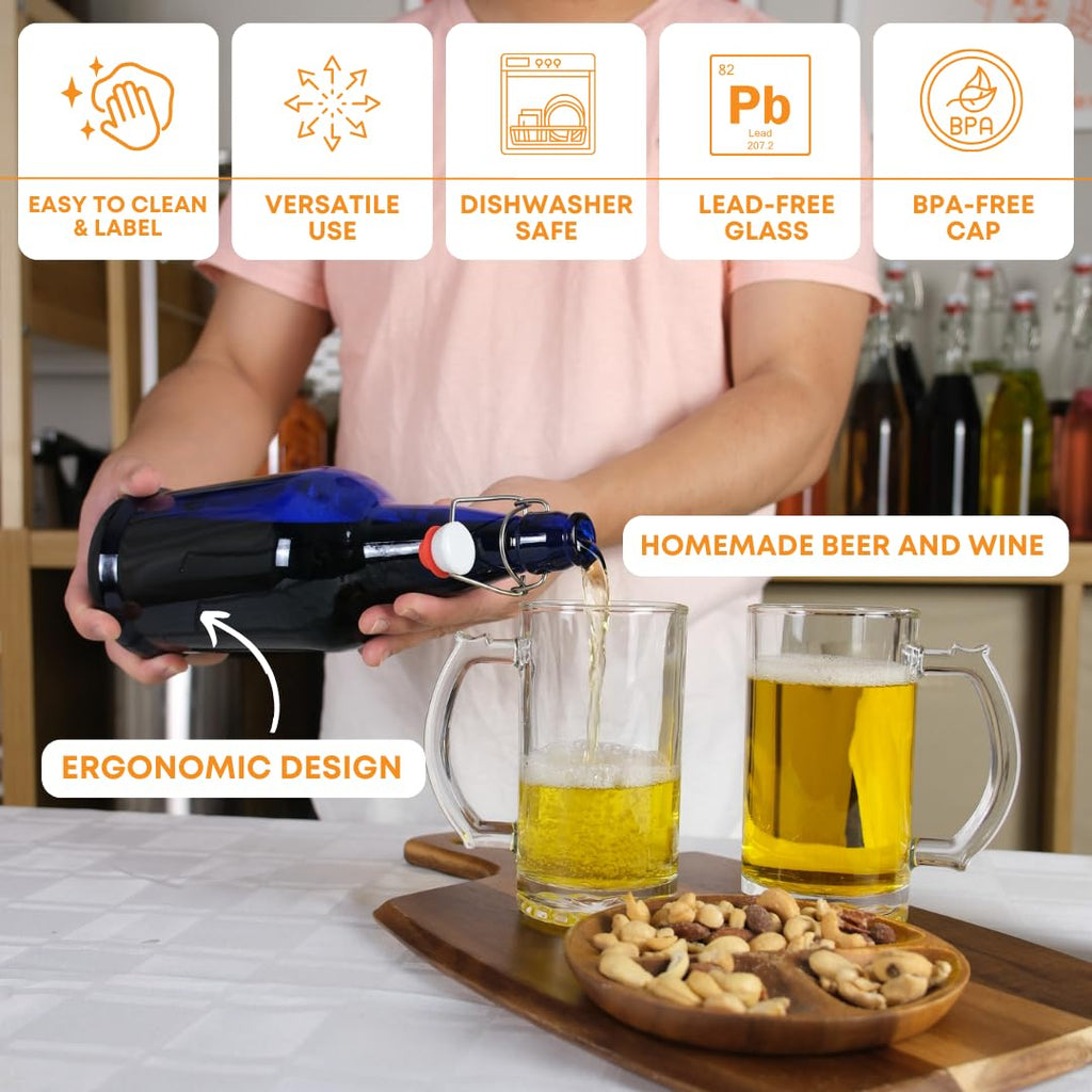 Six 500ml blue Swing Top Bottles by FastRack, arranged in a case, with secure flip-top caps for beverages or storage.