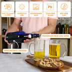 Six 500ml blue Swing Top Bottles by FastRack, arranged in a case, with secure flip-top caps for beverages or storage.