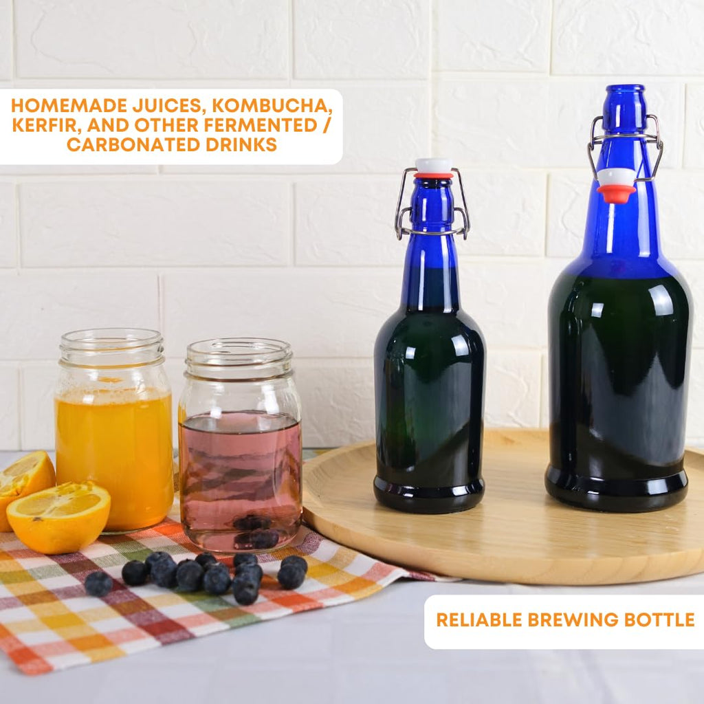 Six 500ml Blue Swing Top Bottles by FastRack, showcasing durable glass bottles with metal swing tops and blue plastic caps.