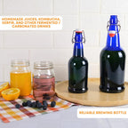 Six 500ml Blue Swing Top Bottles by FastRack, showcasing durable glass bottles with metal swing tops and blue plastic caps.