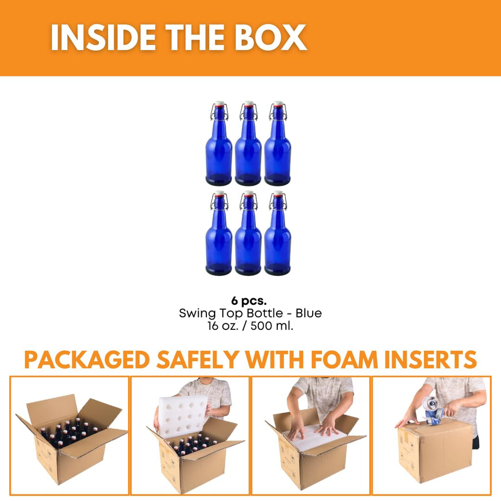 Six 500ml blue Swing Top Bottles by FastRack arranged in a case, featuring secure metal caps and clear glass body.