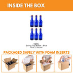 Six 500ml blue Swing Top Bottles by FastRack arranged in a case, featuring secure metal caps and clear glass body.