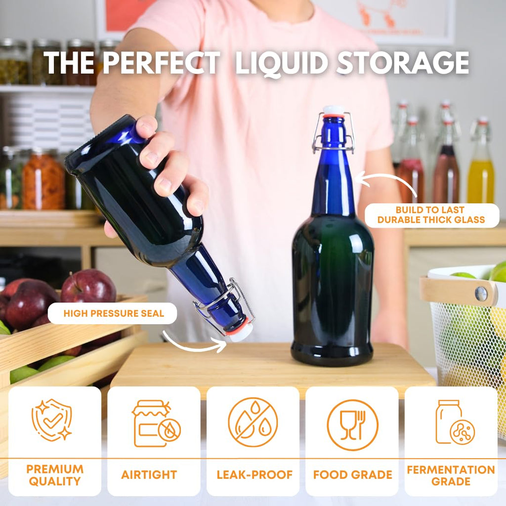 Six blue FastRack swing top bottles, 500ml each, with secure flip-top lids, arranged in a case for storing liquids.