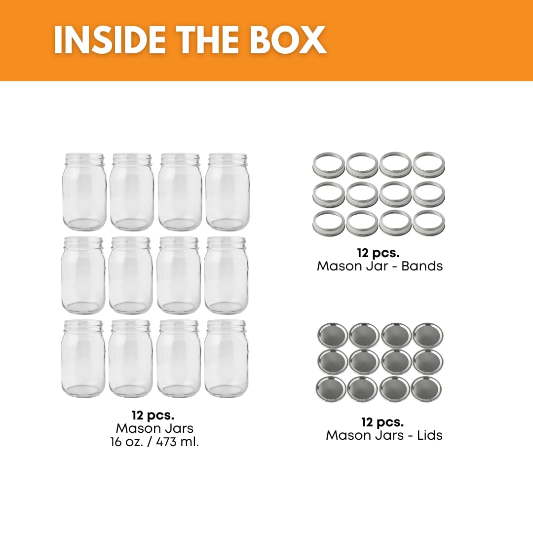 Set of 12 FastRack 16 oz glass mason jars with metal lids, ideal for storage and preserving in a clear, sleek design.