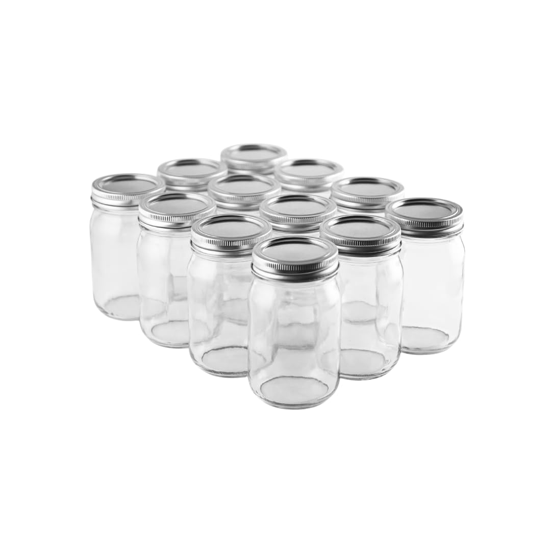 Set of 12 FastRack 16 oz glass mason jars with metal lids, ideal for storage and preservation.
