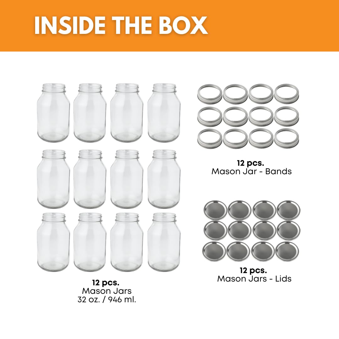 Set of 12 FastRack 32oz glass mason jars with metal lids, arranged on a wooden surface, ideal for storage and preserving.