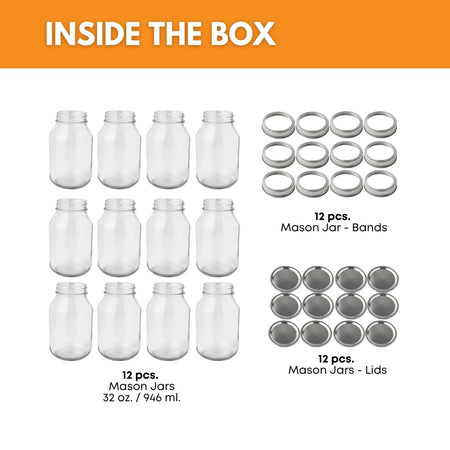 Set of 12 FastRack 32oz glass mason jars with metal lids, arranged on a wooden surface, ideal for storage and preserving.