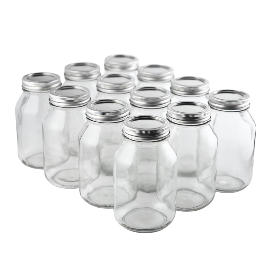Set of 12 FastRack 32oz glass mason jars with metal lids, ideal for food storage and preserving.