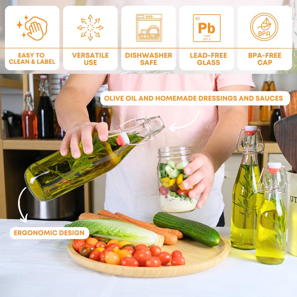 Six 1000ml FastRack clear swing top bottles displayed in a case, featuring secure flip-top caps for easy pouring and storage.