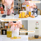 Six 1000ml clear Swing Top Bottles by FastRack arranged in a case, showcasing durable glass bottles with metal swing caps.