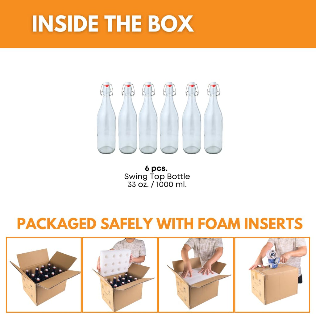 Six 1000ml clear Swing Top Bottles by FastRack, featuring secure metal cap closures, arranged in a case for storage or beverage use.