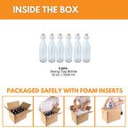 Six 1000ml clear Swing Top Bottles by FastRack, featuring secure metal cap closures, arranged in a case for storage or beverage use.