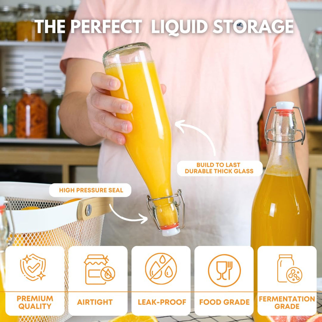 Six clear 1000ml swing top bottles by FastRack, arranged in a case, featuring secure flip-top lids for easy sealing and pouring.