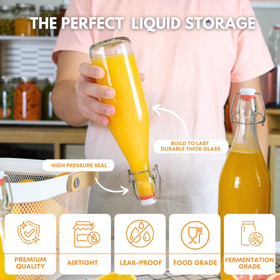 Six clear 1000ml swing top bottles by FastRack, arranged in a case, featuring secure flip-top lids for easy sealing and pouring.