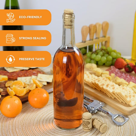 Set of 100 natural wine corks from FastRack, shown in a box with corks ready for sealing wine bottles.