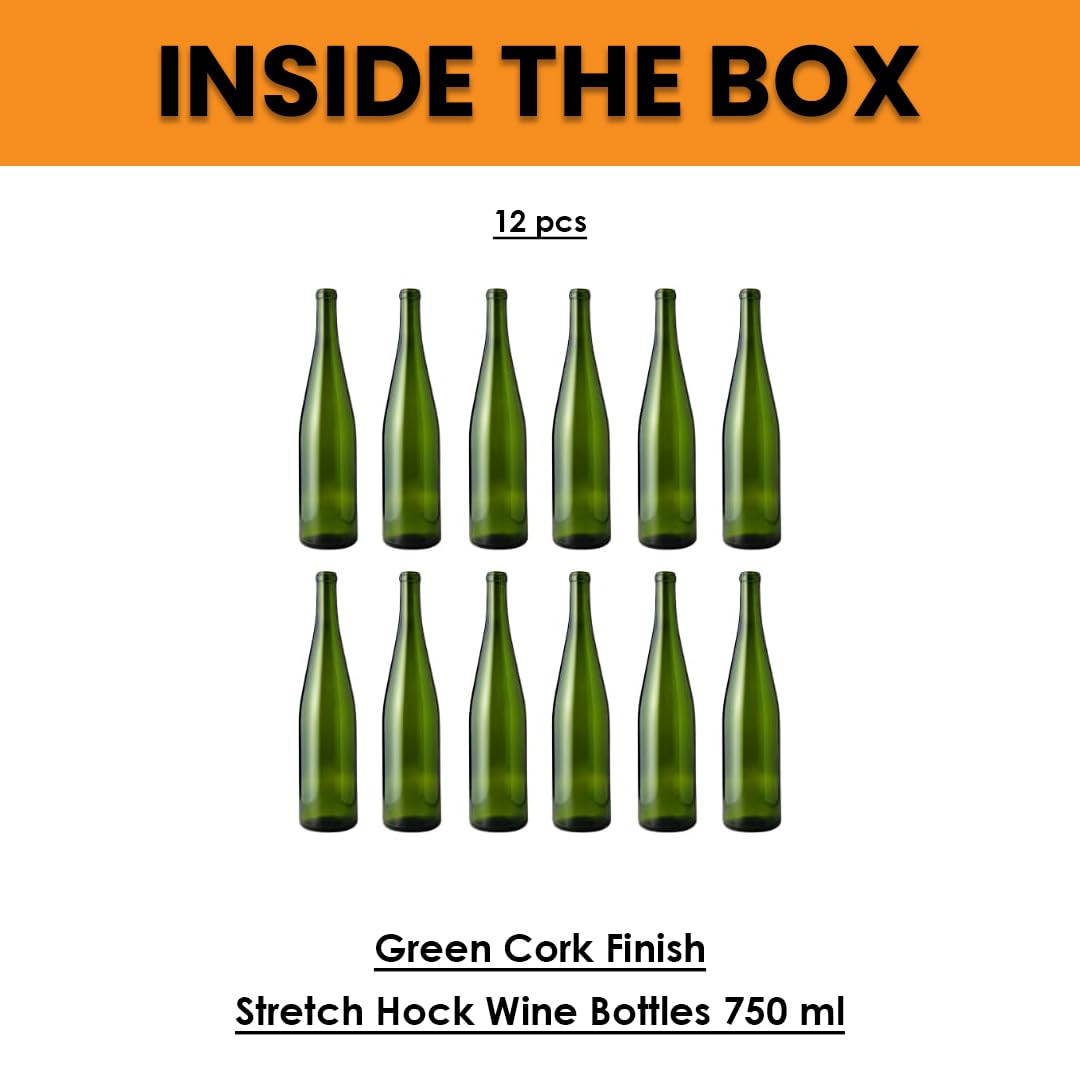 Set of 12 green 750ml FastRack W13 Stretch Hock wine bottles arranged in a case, with clear glass and standard wine bottle shape.