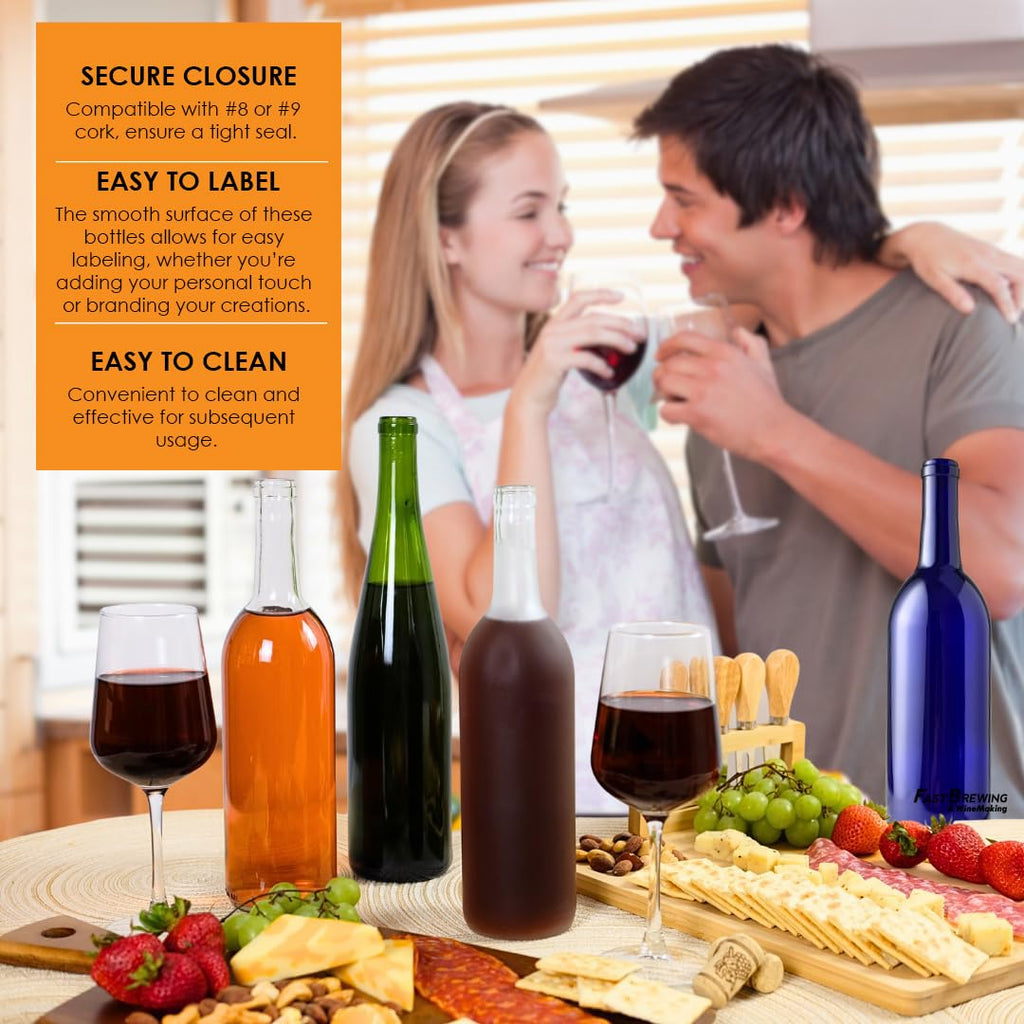 Set of 12 green 750ml W13 Stretch Hock wine bottles by FastRack, arranged in a case, with clear glass and sealed necks.