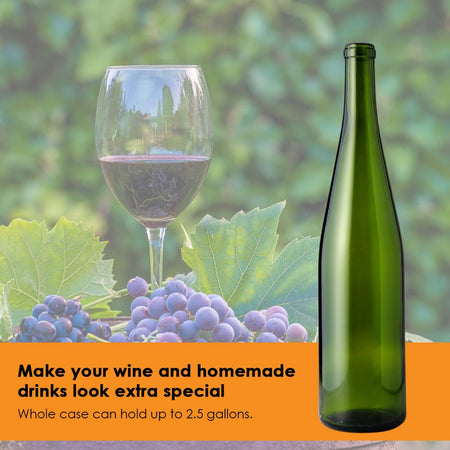 Set of 12 green 750ml W13 Stretch Hock wine bottles by FastRack, featuring sleek glass design and secure caps.