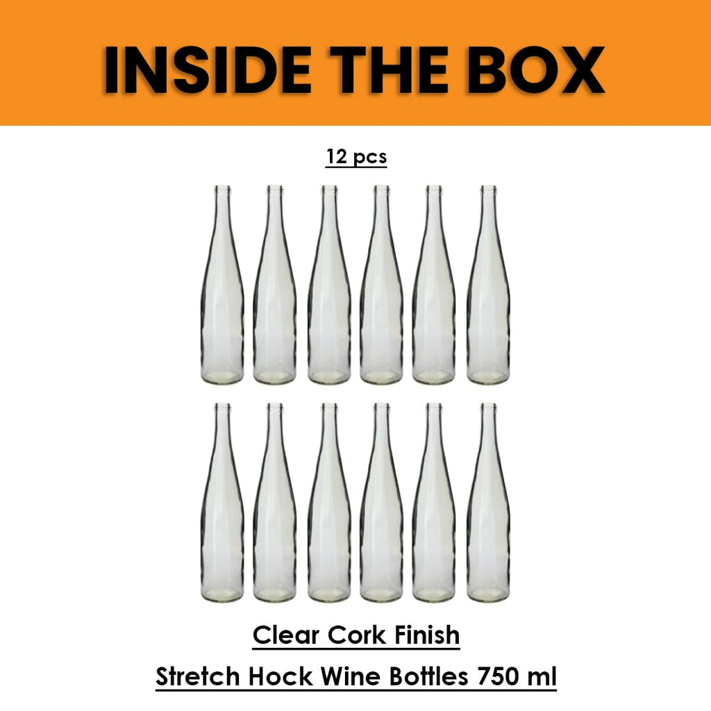 Set of 12 FastRack W13 Stretch Hock 750ml clear glass wine bottles, perfect for storing and serving wine.