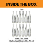 Set of 12 FastRack W13 Stretch Hock 750ml clear glass wine bottles, perfect for storing and serving wine.