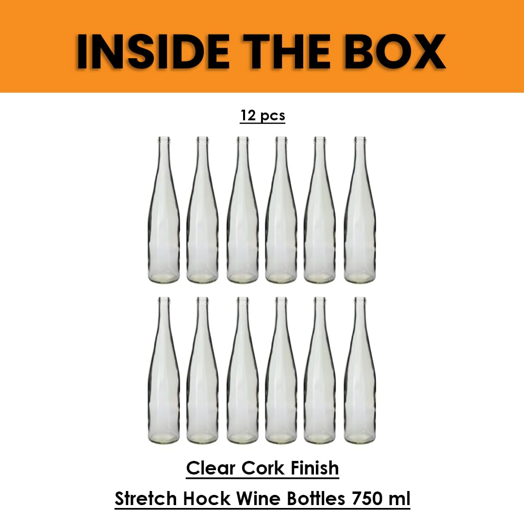 Set of 12 FastRack W13 Stretch Hock 750ml clear glass wine bottles, perfect for storing and serving wine.