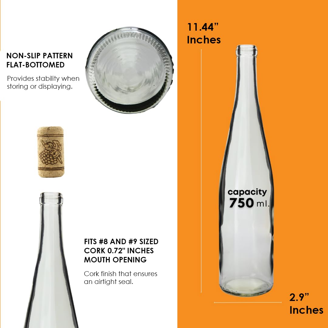 Set of 12 FastRack W13 Stretch Hock 750ml clear wine bottles, flint glass, for storing and pouring wine.