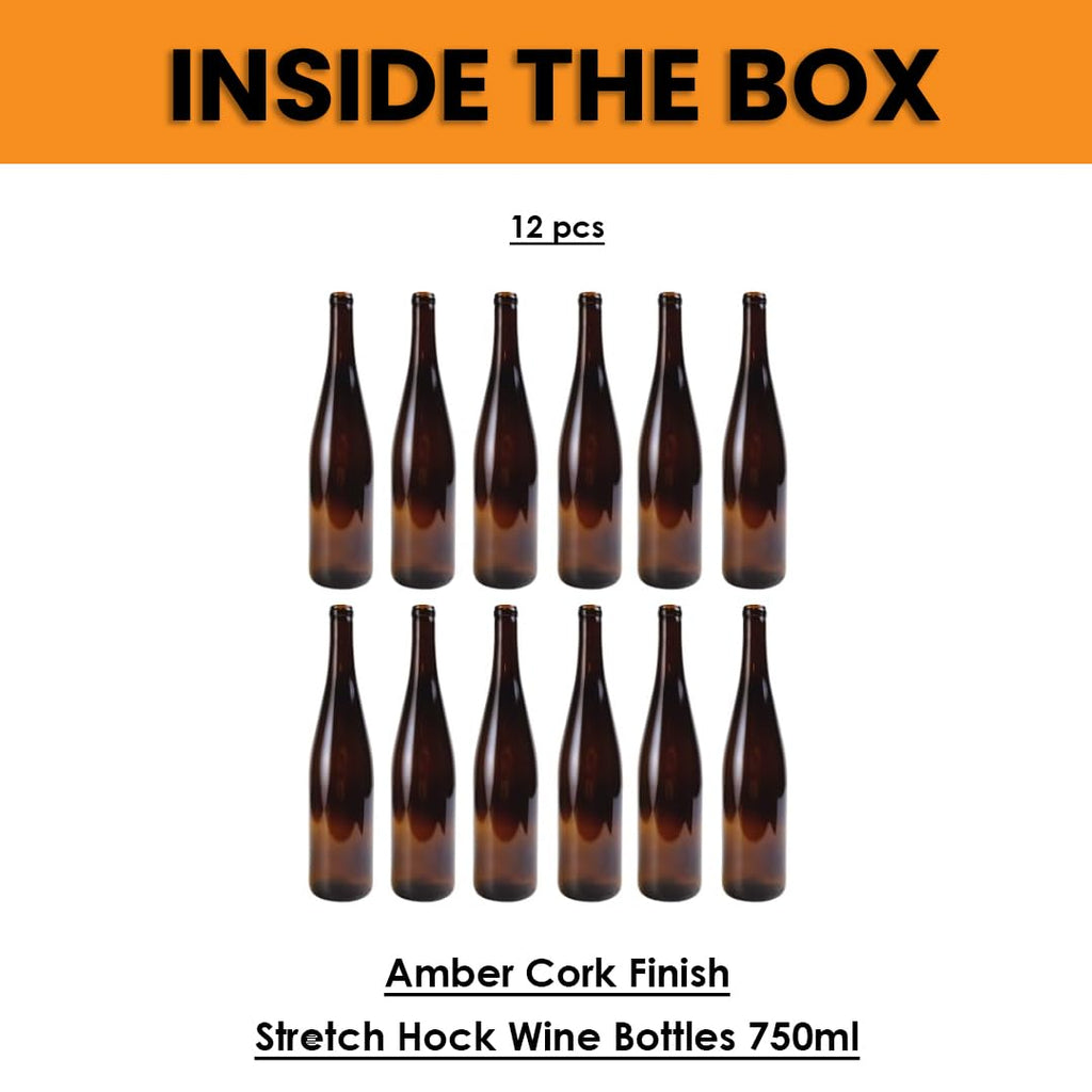 Set of 12 amber 750ml W13 Stretch Hock wine bottles by FastRack, displayed in a case, suitable for wine storage.