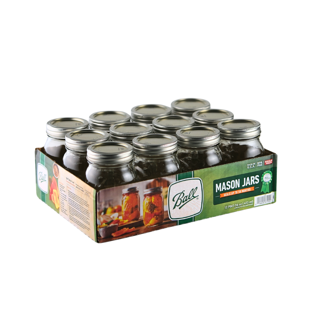 Set of 12 Ball Mason Jars 16 oz regular mouth with bands and lids, ideal for homebrewing and preserving.