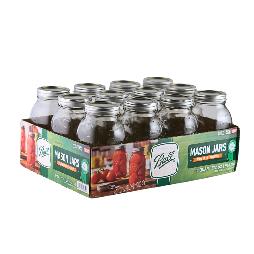 Set of 12 Ball Mason Jars 32 oz regular mouth with bands and lids, ideal for homebrewing and preserving.