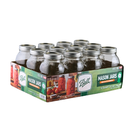 Set of 12 Ball Mason Jars 32 oz regular mouth with bands and lids, ideal for homebrewing and preserving.