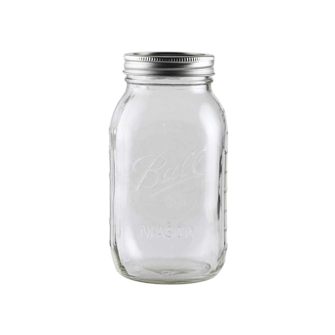 Set of 12 Ball Mason Jars 32 oz regular mouth with bands and lids, ideal for homebrewing and canning.