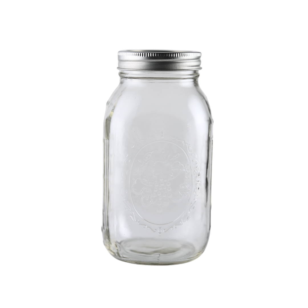 Set of 12 Ball Mason Jars 32 oz regular mouth with bands and lids, ideal for homebrewing and canning.